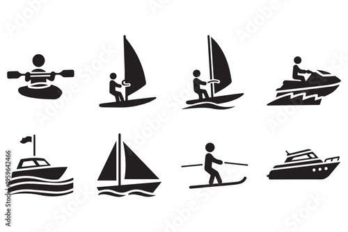 Water Sports and Boating Vector Icons Set – Kayak, Sailboat, Jet Ski, Windsurf, Motorboat