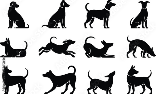 dog silhouette set twelve vector poses sitting standing running