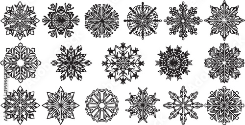 Collection of intricate black snowflakes on white background designs