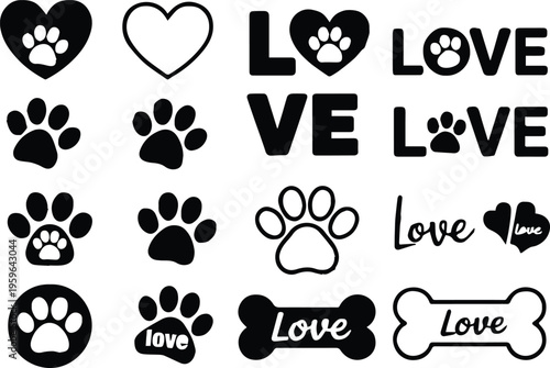 paw print love logo set with heart paw icons for pet designs and badges