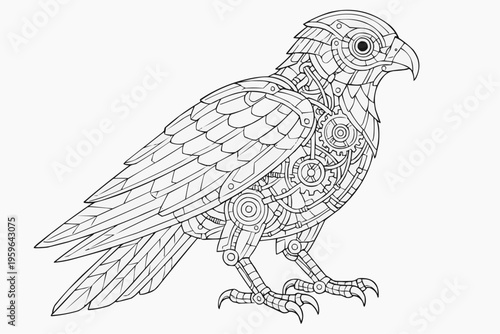 A complex coloring page for children is a large mechanical bird with multi-layered feathers made of metal plates