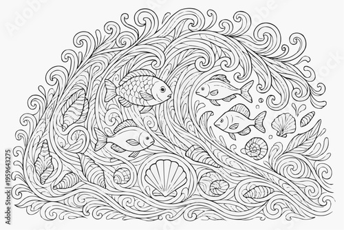 A challenging coloring page for children - an ocean wave with fish and shells in an intricate style