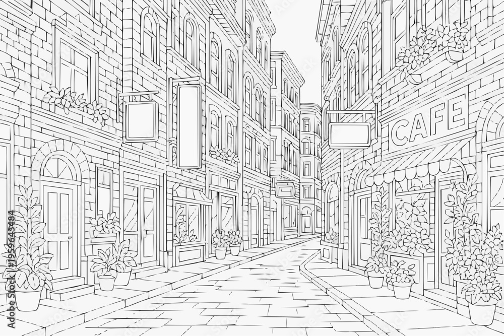 Obraz premium A complex coloring page for children - a city street with buildings