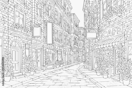 A complex coloring page for children - a city street with buildings