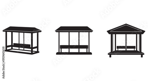 Bus stop icons with bench and roof  public transportation shelters  various designs