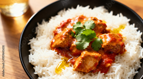 Bowl of tasty butter chicken with rice, garnished with fresh herbs