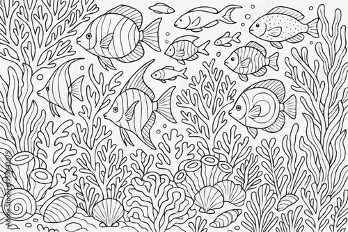 A challenging coloring page for children - an underwater scene with various fish and corals in a vibrant marine ecosystem