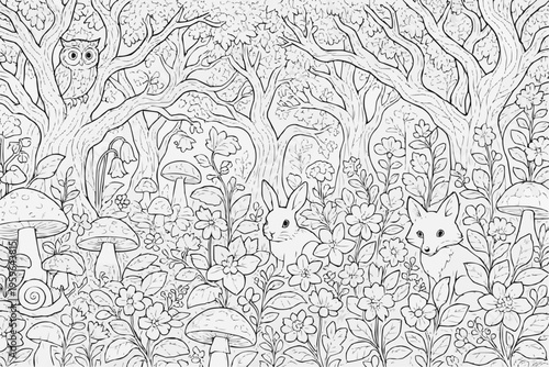 A challenging coloring page for children - a fantastic forest with bizarre trees and playful animals among wild flowers and mushrooms