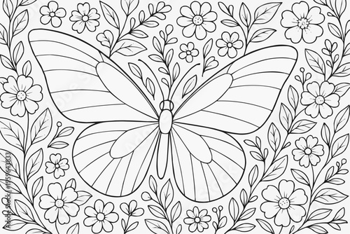 A challenging coloring page for children - a large butterfly with floral patterns