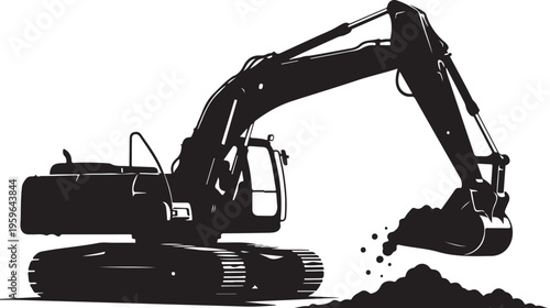 Black excavator digging pile of dirt on construction site
