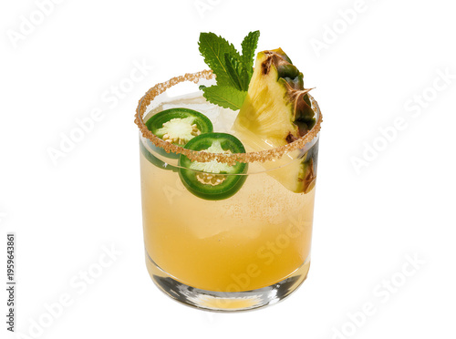 Refreshing spicy pineapple jalapeño cocktail with fresh mint and a sugared rim, isolated on transparent background, perfect for summer drink menus PNG
