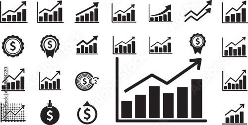 Financial growth and success icons in black and white