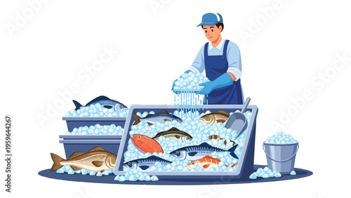 Fishmonger Preparing Display: A skilled fishmonger meticulously arranges a vibrant array of fresh, gleaming fish atop a bed of ice. It's a colorful spectacle of oceanic bounty.