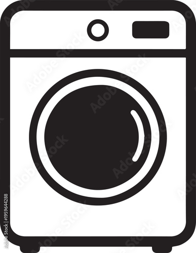 Clean and simple monochrome illustration depicts a washing machine, showcasing its key features and functional design.