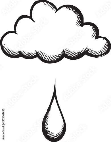 A simple illustration depicts a stylized cloud shedding a single raindrop. Representing the essence of precipitation and weather.