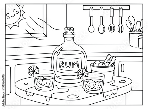 Tropical coloring page shows a bottle of rum and two glasses in a kitchen
