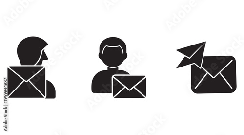 Email icons with people and envelopes for communication and messaging concepts  simple black silhouettes on white background