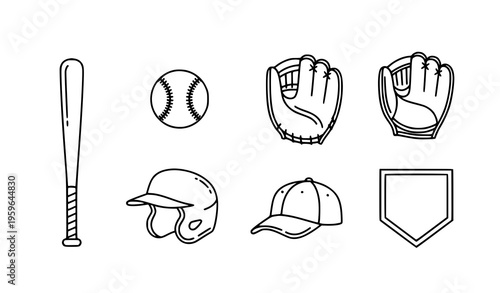 Baseball line art icon set with bat ball glove helmet outline vector collection