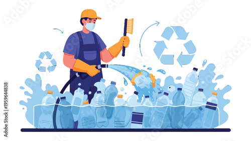 Eco-Conscious Bottle Cleaner: An illustration of a diligent worker meticulously cleaning plastic bottles within a recycling framework, promoting sustainability