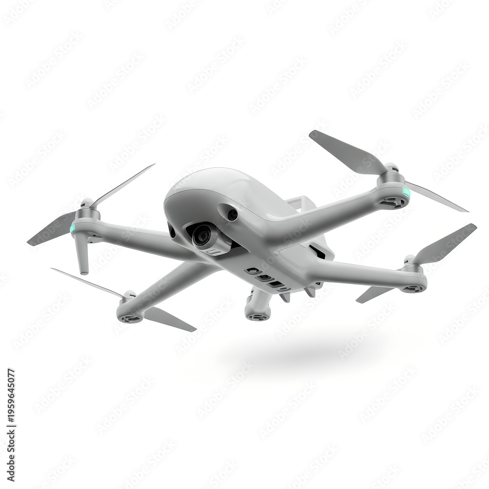 Fototapeta premium A sleek white drone with multiple propellers hovers in mid-air against a plain white background.