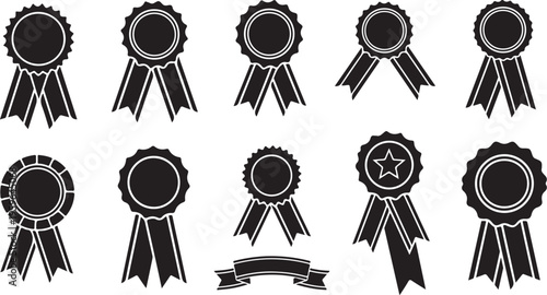 Collection of black award ribbons and rosettes on white
