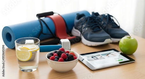 Healthy lifestyle with fitness equipment food and digital tablet on table
