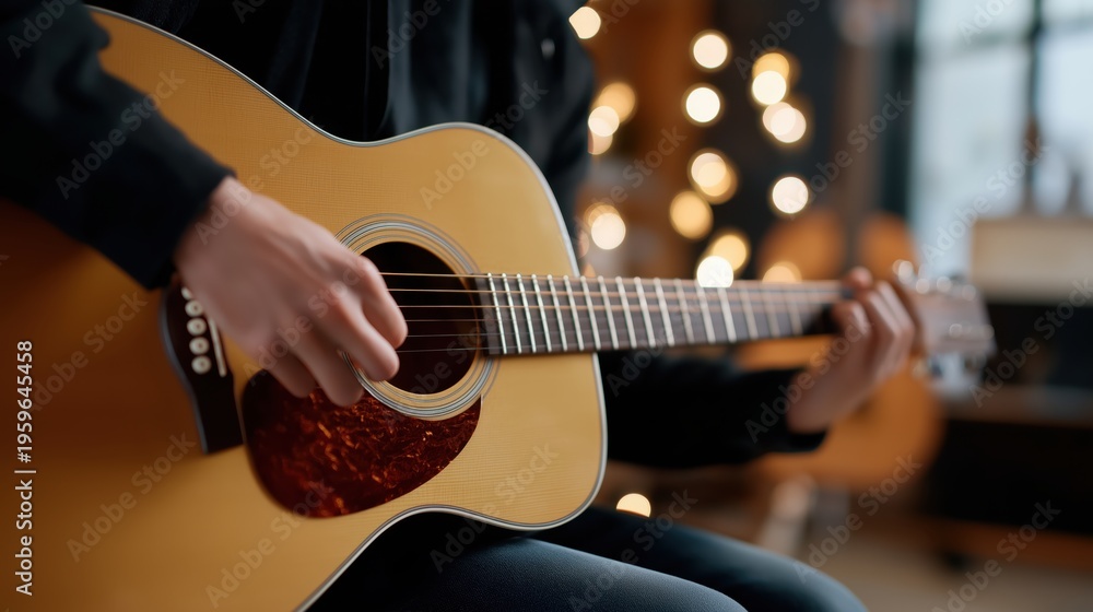 Obraz premium Close-up of hands playing acoustic guitar indoors with warm bokeh lights in the background.