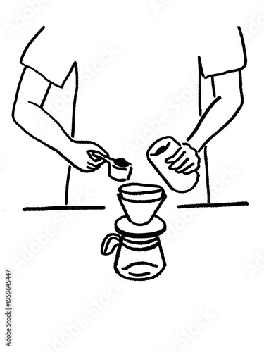 ドリップコーヒーに粉を入れる手元の線画イラスト