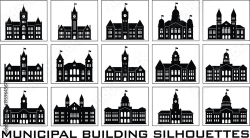Collection of Municipal Building Silhouettes Featuring City Hall Court House and Government Architecture Icons for Urban Planning and Public Service Projects