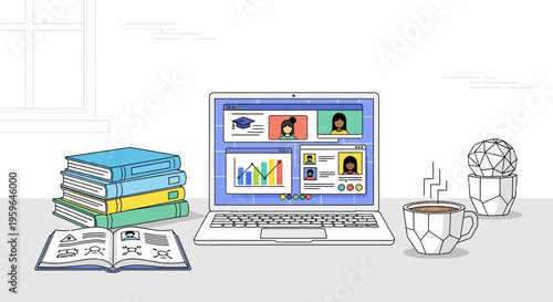 Remote work, online meeting, business communication, office workspace, vector illustration