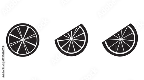 Lemon slices icons set with whole and cut pieces of citrus fruit in black and white  simple fruit illustrations