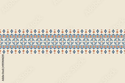 Central horizontal band composed of circular pixel motifs and small geometric accents on a light beige field. The linear arrangement defines a clear mid-section, leaving open space above and below for