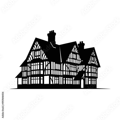 Silhouette of a Tudor-style house with timber framing and chimneys.