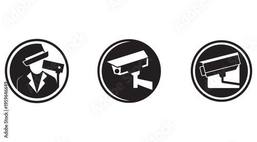 Security camera icons and a man with binoculars icons in black and white for graphic design  surveillance concept