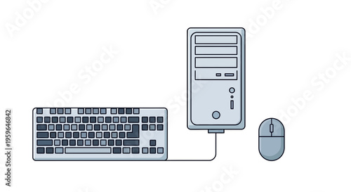 Computer, keyboard, mouse, desktop, workstation, office equipment, technology vector illustration