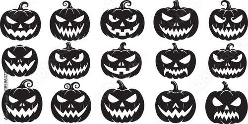 Collection of scary black jack-o-lanterns on white background