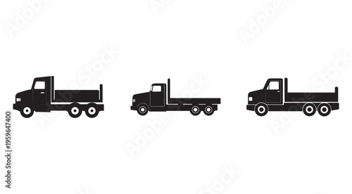 Set of black truck silhouettes  dump truck  flatbed truck  semi truck  three different types of trucks  side view  isolated on white background