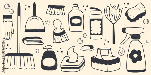 Sanitary accessories and household cleaning chemicals doodle sketch style. Hand-drawn set of home cleaning accessories - wipes, powder, spray, cleaning product, soap, sponge, mop, dustpan. Vector