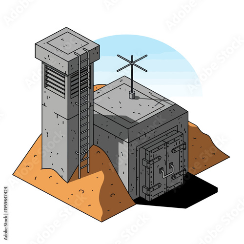 Isometric Illustration of a Concrete Bunker with Observation Tower.