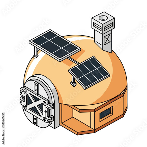 Isometric Dome Home with Solar Panels and Chimney Illustration.