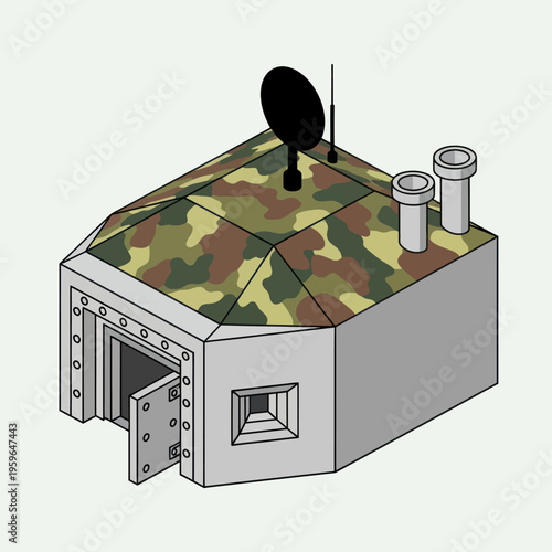 Camouflaged Military Bunker with Antenna and Ventilation Pipes.