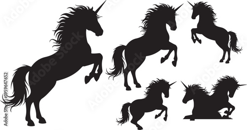 Set of black unicorn silhouettes in various dynamic poses