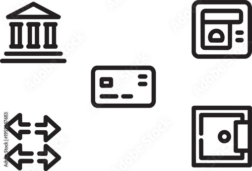 Financial Services Icon Set: Bank, Atm, Credit Card, Wallet, Exchange Arrows