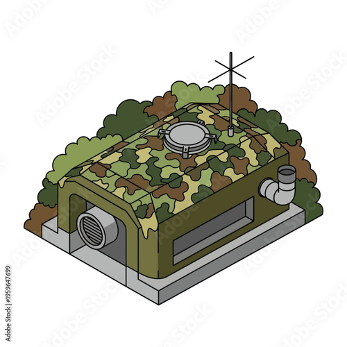 Camouflaged Underground Bunker with Antenna and Ventilation System.