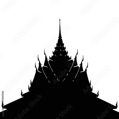 Silhouette of Ornate Thai Temple Roof Against White Sky.