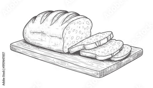 Hand drawn sliced loaf of bread wooden cutting board