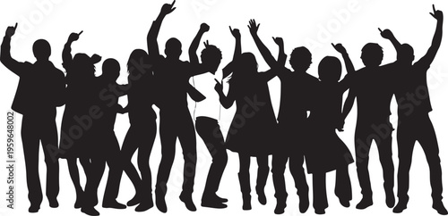 Silhouette of a group of people celebrating together happily