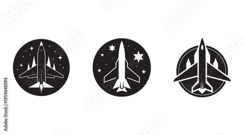 Set of rocket ship icons in different designs with starry night sky  space travel symbols