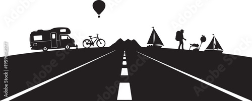Travel Adventure Road Trip Silhouette with Recreational Vehicles Ahead