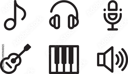 Set Of Music Icons: Note, Headphones, Microphone, Guitar, Piano, Speaker